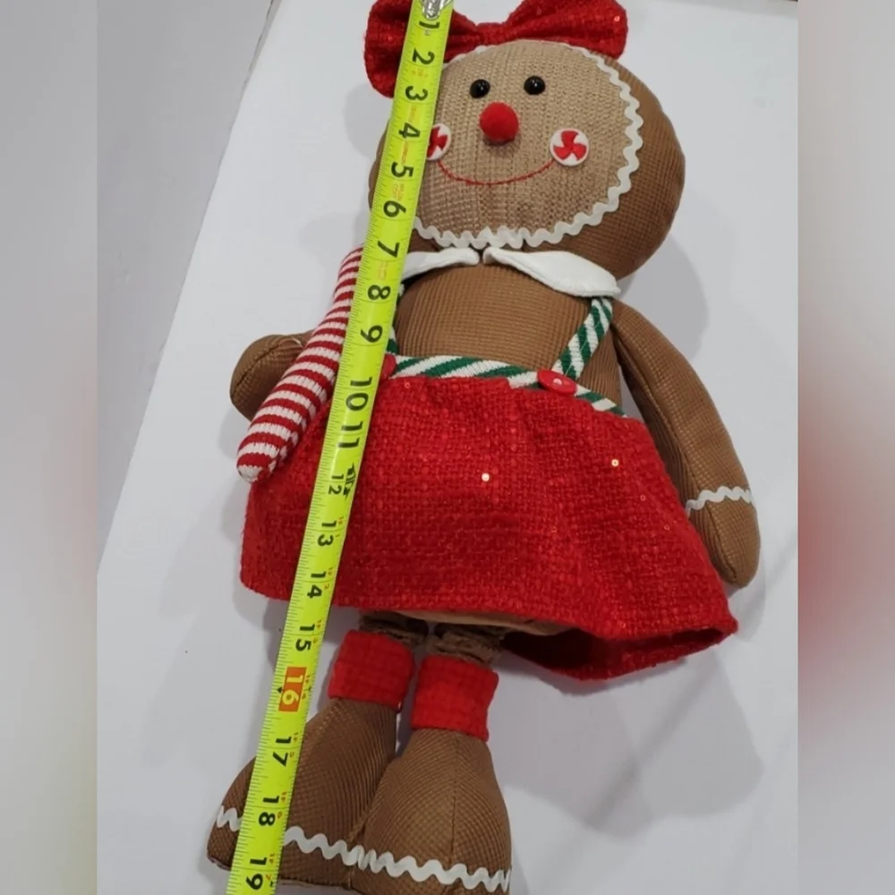Gingerbread woman in red sequin boucle bow and‎ jumper Christmas holiday plushie
